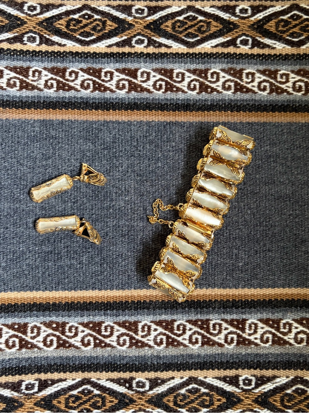 Vintage Gold-Tone and faux Mother-of-Pearl (lucite) Bracelet and Matching Clips